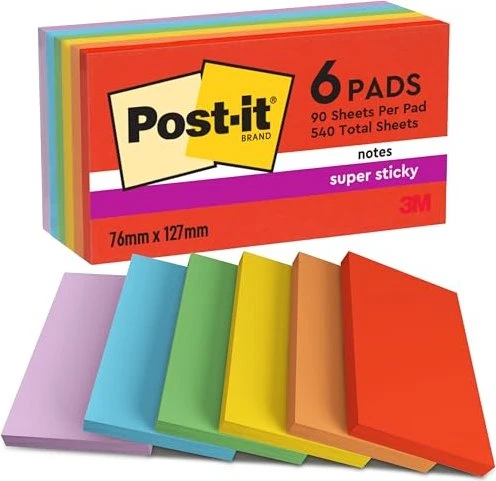 3M Post-it Super Sticky Playful Collection Haftnotiz 655-6SS-PLAY, 76x127mm, glatt, 540 Blatt