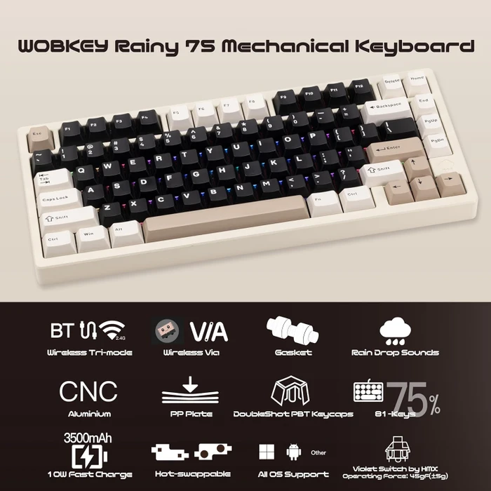 Wobkey Rainy 75 Standard, weiß, LEDs RGB, HMX Violet Linear, USB/Bluetooth, US