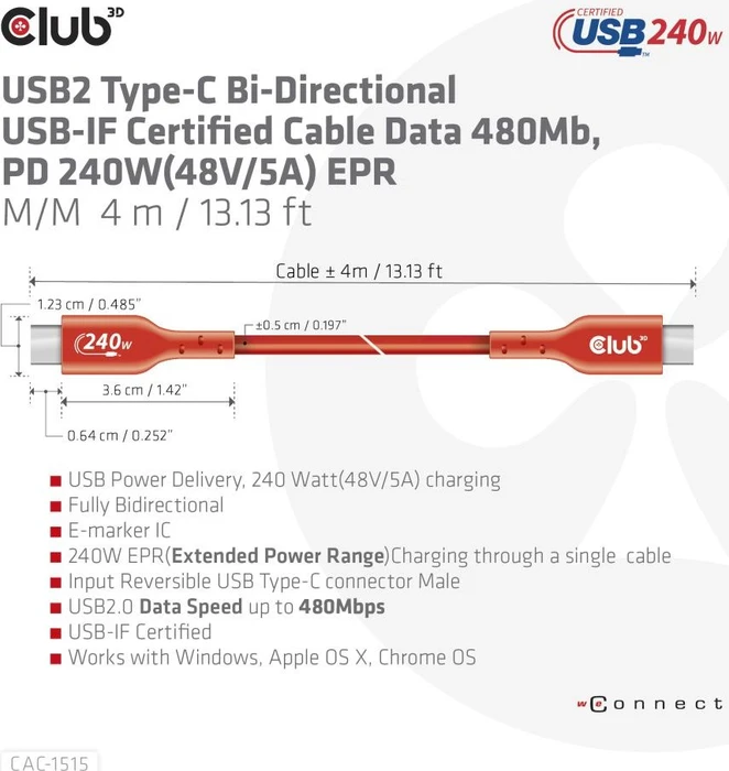 Club 3D USB-C 2.0 Kabel, 480Mb/s, 240W PD EPR, USB-C 2.0 Stecker auf USB-C 2.0 Stecker, 4m