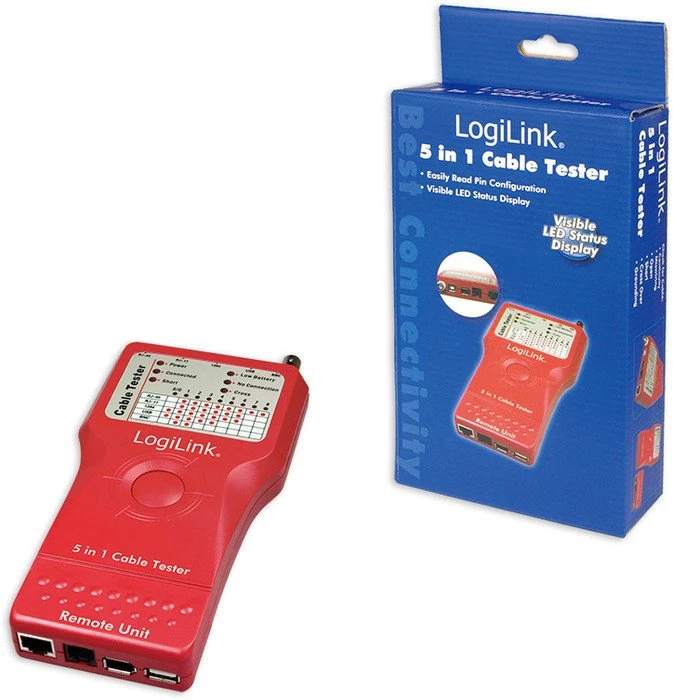 LogiLink Kabeltester für RJ-11/RJ-45/BNC/USB/IEEE1394, mit Remote Einheit