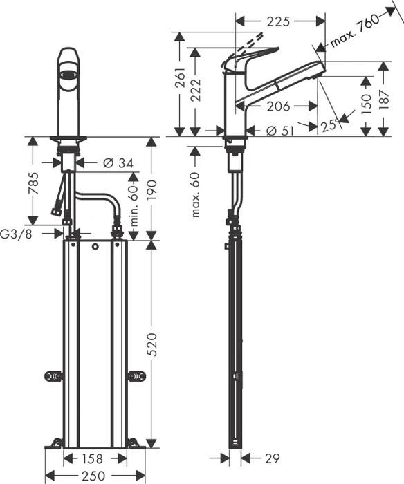 Hansgrohe Focus M42 150 1jet mit Schlauchbox edelstahl finish