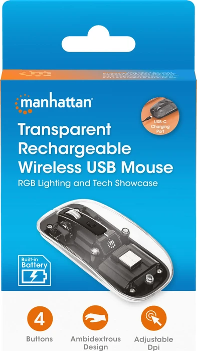 Manhattan Transparent Rechargeable Wireless Mouse, transparent/schwarz, USB