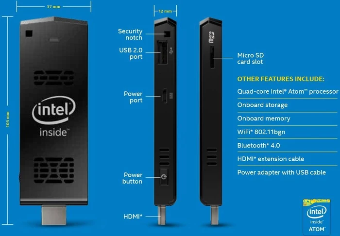 Intel Compute Stick STCK1A8LFC, Atom Z3735F, 1GB RAM, 8GB Flash