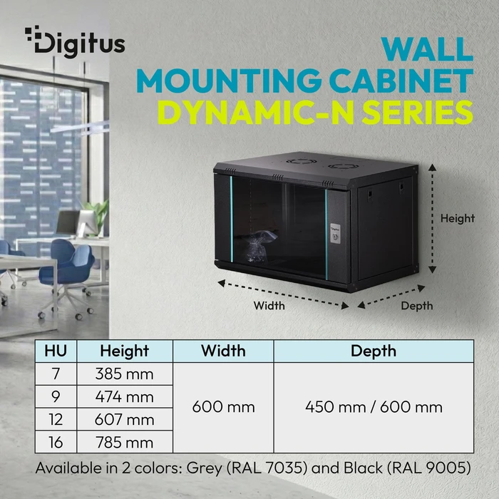 Digitus Dynamic-N Serie 19" Wandgehäuse 7HE, unmontiert, Sicherheitsglastür, IP2X, RAL 9005, 450mm tief