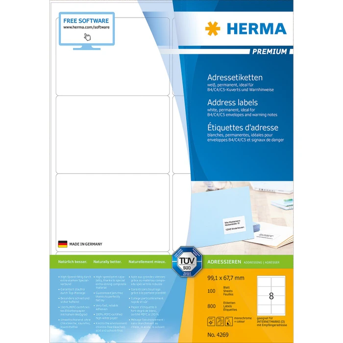 Herma Etiketten Premium, 99.1x67.7mm, weiß, matt, 100 Blatt (800 Etiketten)