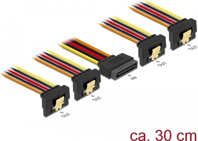 DeLOCK 15-Pin SATA Strom Stecker auf 4x 15-Pin SATA Strom Buchse, Adapterkabel, 4x gewinkelt, 30cm