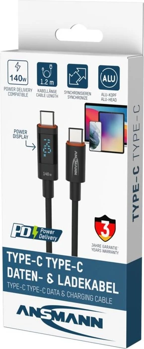 Ansmann USB-C Kabel, USB 2.0, 480Mb/s, 140W PD 3.1, USB-C Stecker auf USB-C Stecker, schwarz, 1.2m