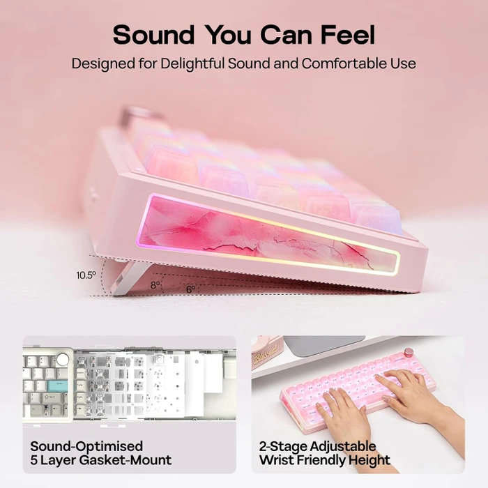 Epomaker TH65 Wireless, Pink, rosa, LEDs RGB, hot-swap, Epomaker Clear, USB/Bluetooth, US