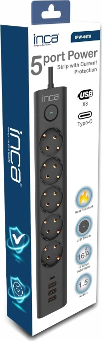 Inca IPW-44TU Steckdosenleiste mit Schalter, 5-fach, 3x USB-A/1x USB-C, 1.5m, schwarz