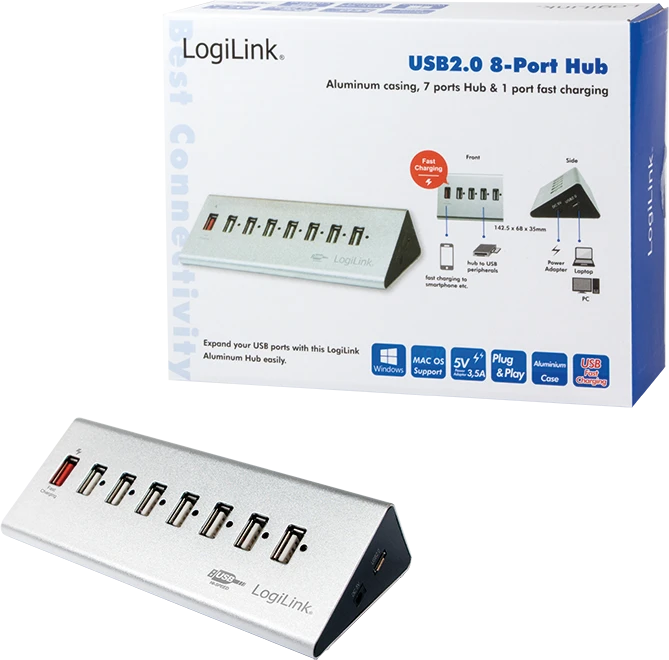 LogiLink Aluminium USB-Hub, 8x USB-A 2.0, USB 2.0 Micro-B [Buchse]