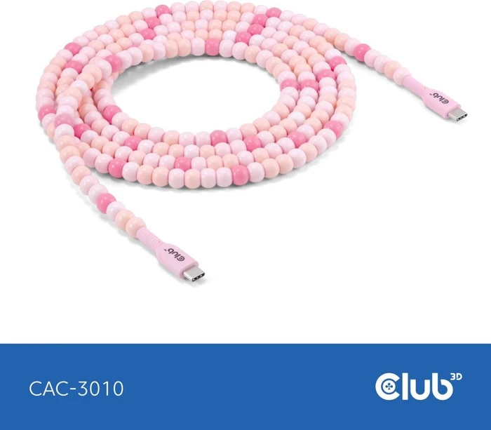 Club 3D USB-C Perlenkabel, 480Mb/s, 60W PD, USB-C 2.0 Stecker auf USB-C 2.0 Stecker, 2m, rosa