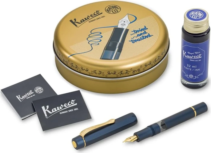 Kaweco Piston Sport AL Starter Set mit Tinte navy/gold, rechte Hand, extra fein
