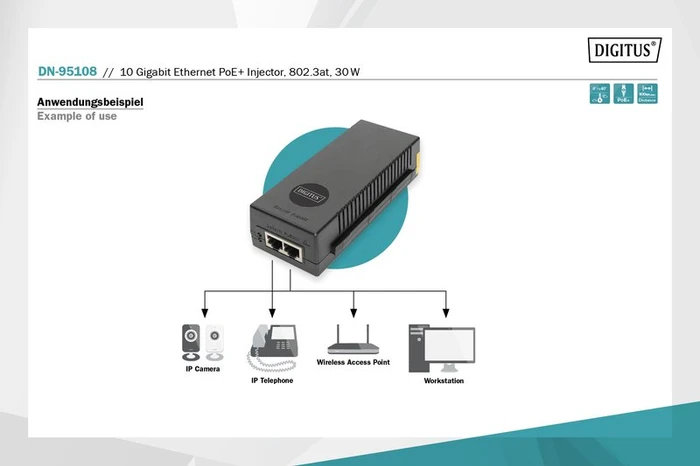 Digitus Wallmount 10G PoE-Injektor, 2x RJ-45, 30W PoE+