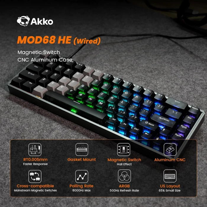 Akko MOD68 HE, Gradient Hybrid Black Transparent, LEDs RGB, hot-swap, AstroAim Magnetic, USB/Bluetooth, US