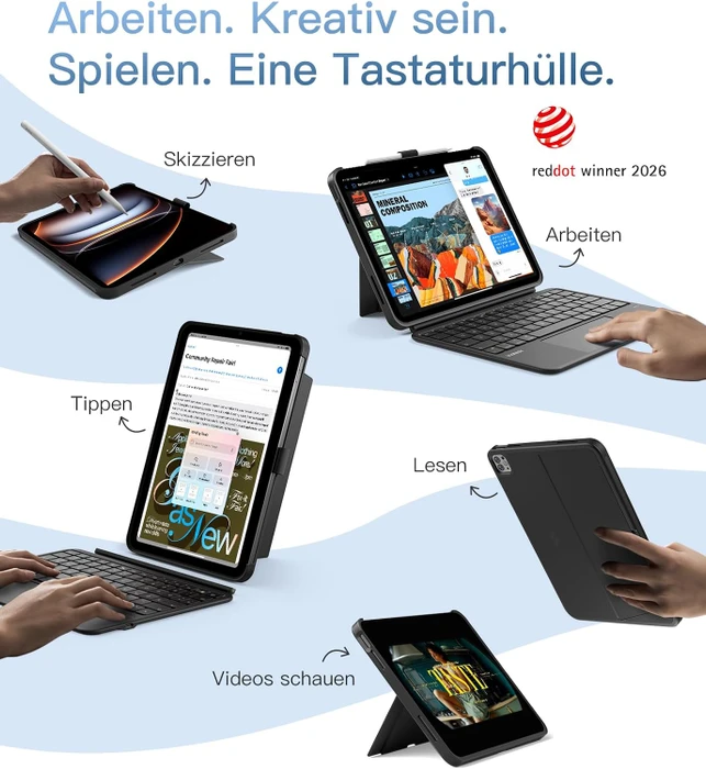 Inateck ACE Touch Ultraleicht Tastatur für iPad Air 11" (M4/M3) und iPad Pro 11" (4/3/2/1), schwarz/grau, DE