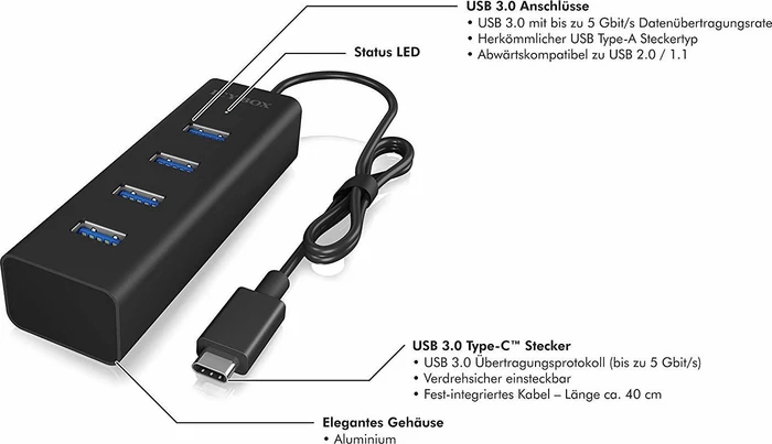 RaidSonic Icy Box IB-Hub1409-C3 USB-Hub, 4x USB-A 3.0, USB-C 3.0 [Stecker]