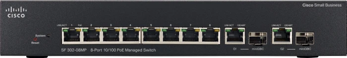 Cisco SF300 Desktop Managed Switch, 8x RJ-45, 2x RJ-45/SFP, 124W PoE