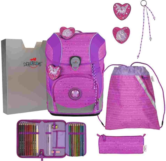 DerDieDas ErgoFlex Tiny Purple Unicorn Schultaschen-Set, 5-tlg.