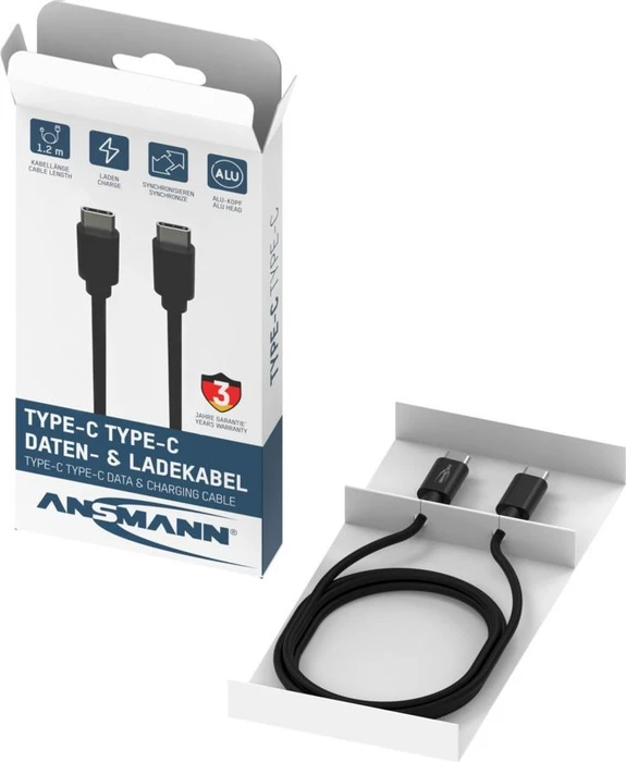 Ansmann USB-C Kabel, USB 3.0, 5Gb/s, 60W PD 3.0, USB-C Stecker auf USB-C Stecker, schwarz, 1.2m