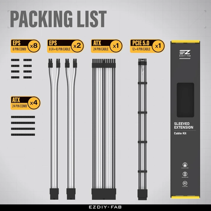 EZDIY-FAB 12VHPWR Cable Kit, 1x 24-Pin, 2x 4/8-Pin ATX, 1x 12VHPWR PCIe, 16AWG, schwarz/weiß