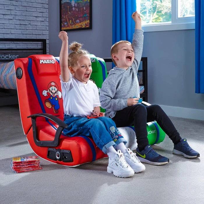 X Rocker Nintendo Super Mario Dual 2.1 Floor Rocker Doppel-Gamingstuhl, rot/weiß/grün