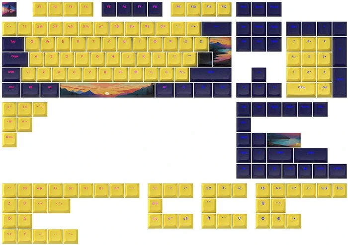 Dark Project Sunset Multilingual Keycaps, Kunststoff (PBT) Double-Shot, CSA-Profil, gelb/blau, 177 Tasten, ANSI & ISO