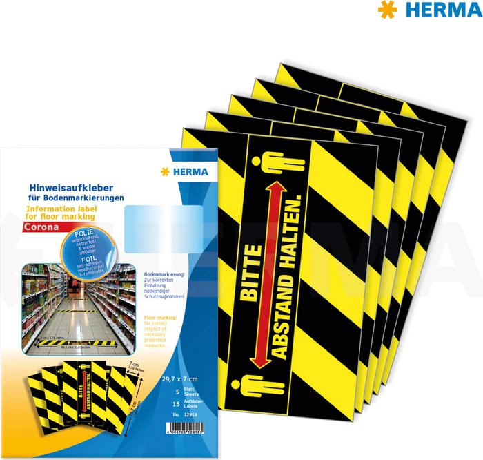 Herma Bodenetiketten Abstand halten mit Piktogramm und Text, 100mm, ablösbar, wetterfest, schwarz/gelb, matt, 5 Blatt (15 Etiketten)