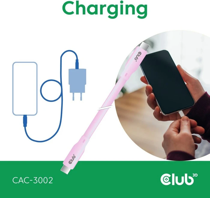 Club 3D USB4 Kabel, 20Gb/s, 240W PD EPR, USB-C Stecker auf USB-C Stecker, 2m, pink