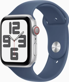 Apple Watch SE (2022) (GPS + Cellular) 44mm silber mit Sportarmband S/M Denim
