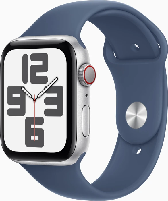 Apple Watch SE (2022) (GPS + Cellular) 44mm silber mit Sportarmband S/M Denim