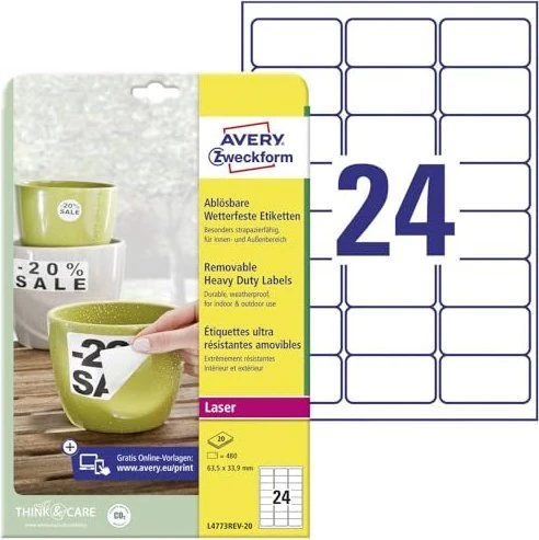 Avery-Zweckform Folienetiketten, 63.5x33.9mm, ablösbar, wetterfest, weiß, 20 Blatt (480 Etiketten)