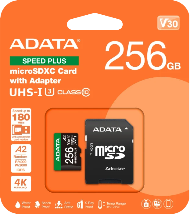 ADATA SPEED PLUS R180/W160 256GB Kit, UHS-I U3, A2, Class 10