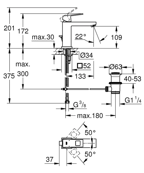 Grohe Eurocube Einhand-Waschbeckenarmatur 1/2" M-Size mit Ablauffernbedienung chrom