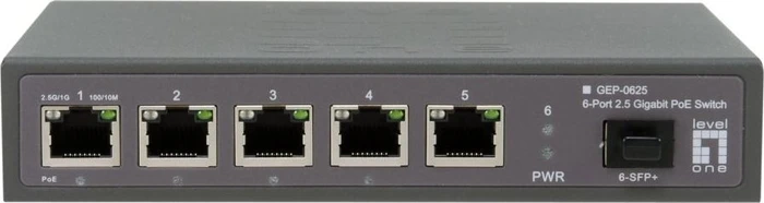 LevelOne GEP Desktop 2.5G Switch, 5x RJ-45, 1x SFP+, 65W PoE++