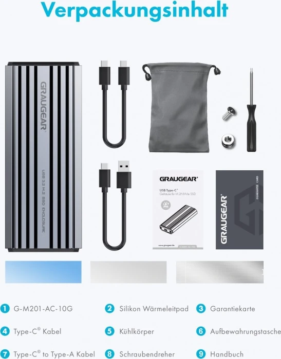 Graugear G-M201-AC-10G Externes Gehäuse für M.2 NVMe SSD, USB-C 3.1