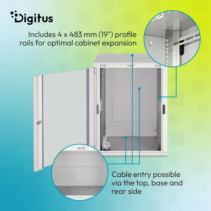 Digitus Dynamic-N Serie 19" Wandgehäuse 16HE, unmontiert, Sicherheitsglastür, IP2X, RAL 7035, 600mm tief