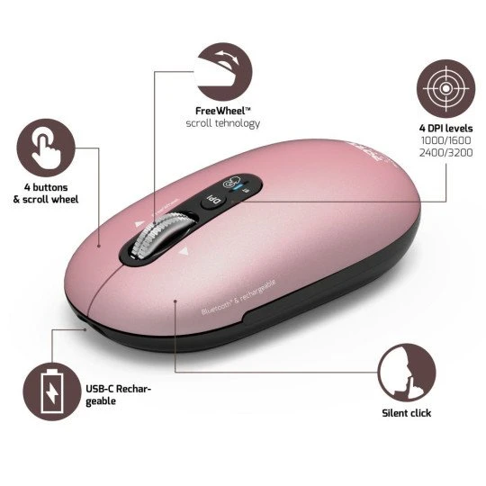 Port Designs Pure Color Bluetooth Rechargeable Mouse, Copper Rose rosa, Bluetooth