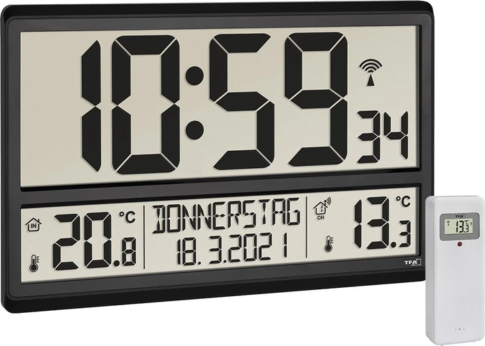 TFA Dostmann XL-Funkwanduhr mit Thermometer schwarz, digital