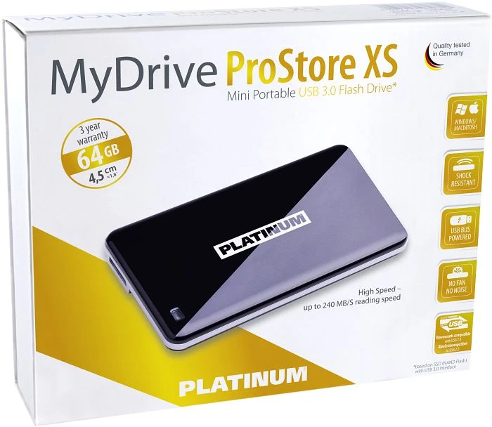 BestMedia Platinum MyDrive ProStore XS schwarz 64GB, USB 3.0 Mini-B