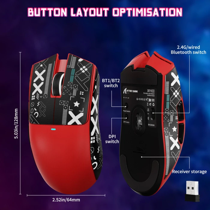 Attack Shark X11SE Wireless Gaming Mouse rot, inkl. Grip Tape, USB/Bluetooth