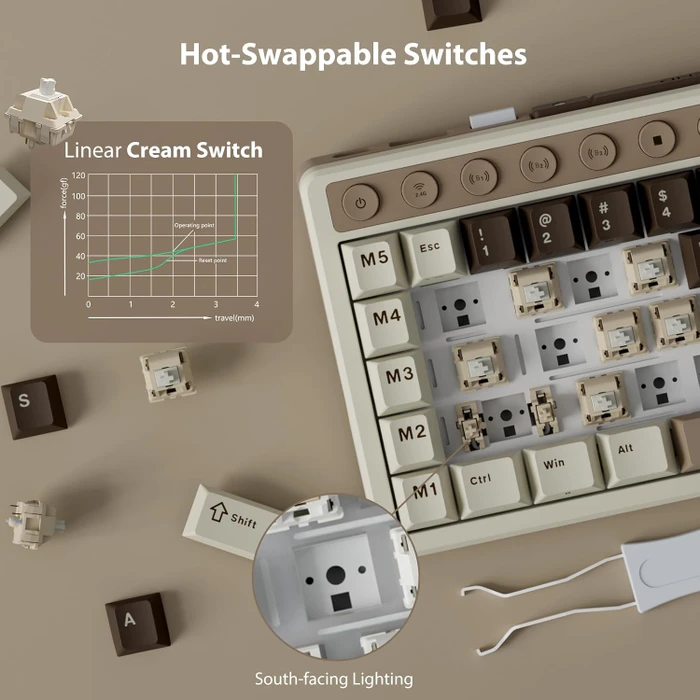 RK Royal Kludge M70 Wireless, Mocha Grey, beige/grau, LEDs RGB, hot-swap, RK Linear Cream, USB/Bluetooth, US