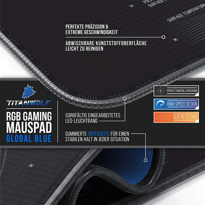 Titanwolf Global Blue RGB XXL Gaming-Mauspad, 800x300mm, schwarz/blau