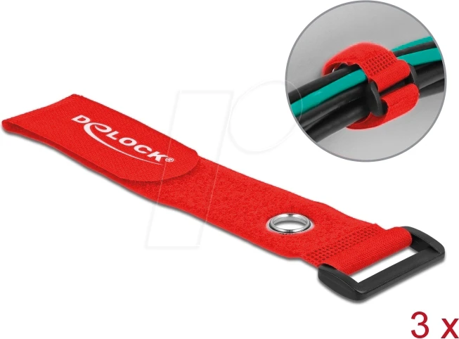 DeLOCK Klett-Kabelbinder mit Schlaufe und Befestigungsöse, 38mm, 280mm, rot, 3 Stück