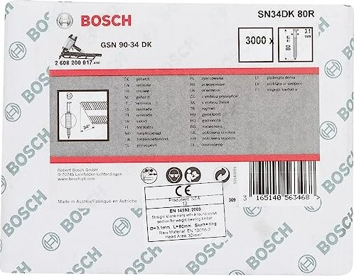 Bosch Professional SN34DK 80R D-Kopf Streifennagel 34° gerillt geharzt Tacker-Nägel, 80x3.1mm, 3000 Stück