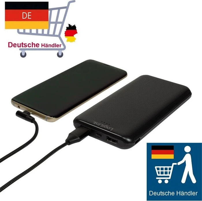 LogiLink Powerbank 10000mAh 2x USB-A Micro-B in USB-C in 2-in-1 Kabel schwarz