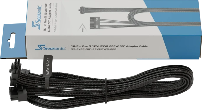 Seasonic 12VHPWR Cable, 600W PCIe 5.0 12VHPWR, 2x 8-Pin PCIe Stecker auf 16-Pin PCIe 5.0 12VHPWR Stecker, Adapterkabel, schwarz, 90° gewinkelt, 75cm
