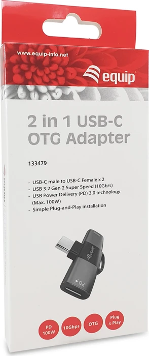 Equip 2-in-1-USB-C-OTG-Adapter, USB-C 3.1 [Stecker] auf 2x USB-C 3.1 [Buchse], PD 100W, grau