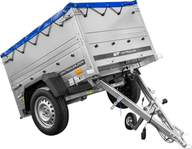 Unitrailer Garden Trailer 150 Kipp mit zusätzlichen Bordwänden, Stützrad und blauer Flachplane