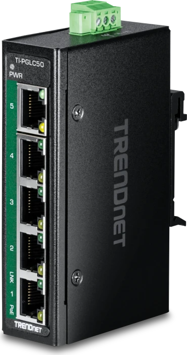 TRENDnet TI Hardened Industrial Railmount Gigabit Switch, 5x RJ-45, 90W PoE+