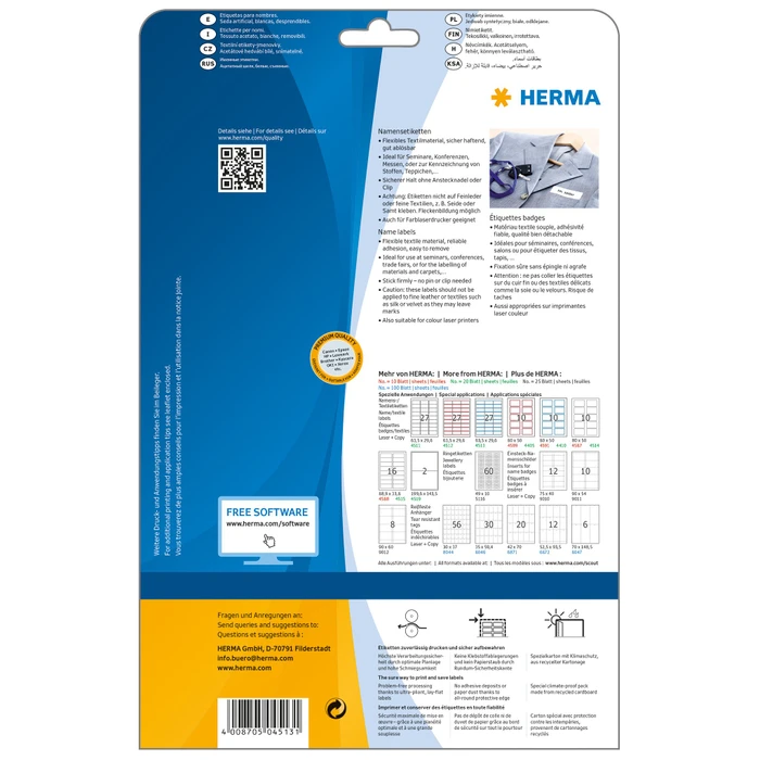 Herma Namensetiketten Acetatseide, 63.5x29.6mm, ablösbar, weiß/blau, 20 Blatt (540 Etiketten)